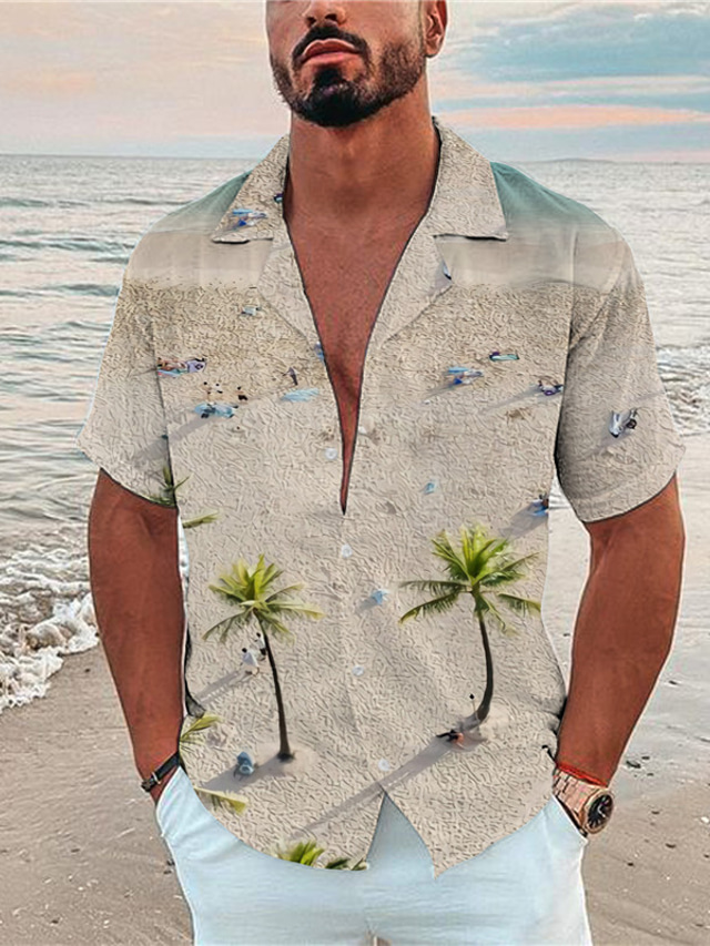  Men's Shirt Summer Shirt Coconut Tree Scenery Turndown Beige Print Outdoor Street Short Sleeve Button-Down Print Clothing Apparel Fashion Designer Casual Breathable