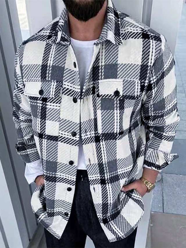  男性用 ジャケット レギュラー 格子柄 ストリートファッション スポーティー カジュアル アウトドア ストリート 日常 イエロー ブルー ブラック
