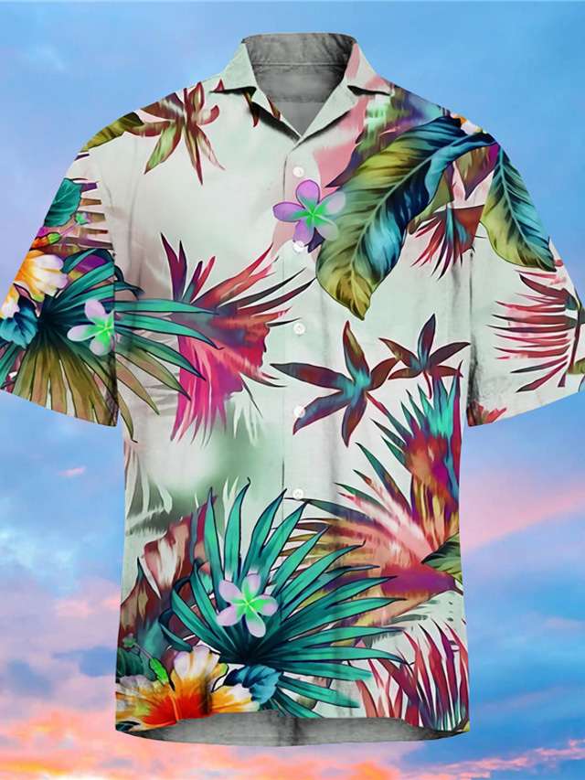 בגדי ריקוד גברים חולצת הוואי חולצה דפוס שלום עלים צווארון מתקפל רחוב קזו'אל כפתור למטה דפוס שרוולים קצרים צמרות מעצב יום יומי אופנתי הוואי לבן / קיץ