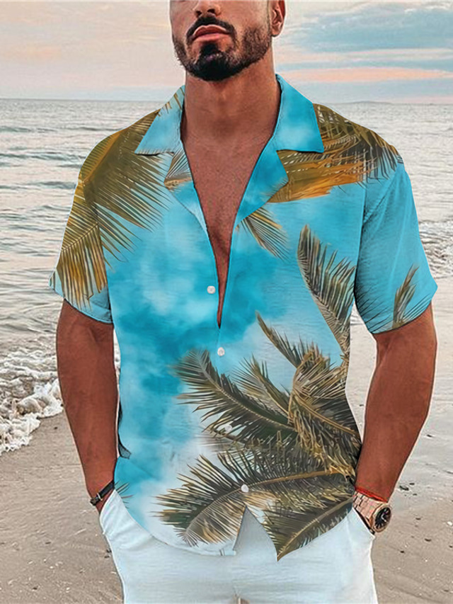 Men's Shirt Print Leaves Turndown Street Casual Button-Down Print Short Sleeve Tops Casual Fashion Designer Breathable Blue