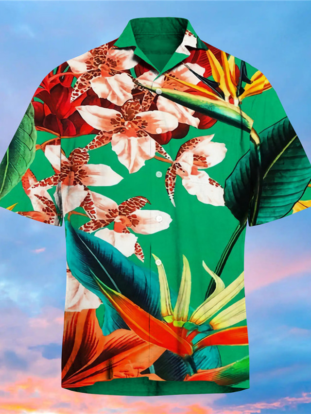  Homme Chemise Chemisette Chemise d'été Floral Col rabattu Vert Print Extérieur Plein Air Manche Courte Bouton bas Imprimer Vêtement Tenue Mode Hawaïen Design Casual