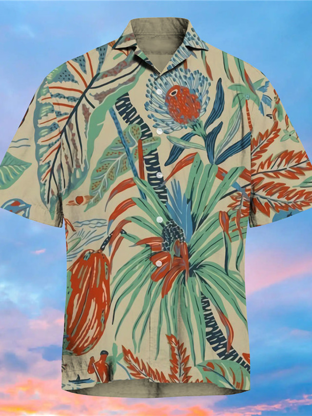 رجالي قميص طباعة شجرة جوز الهند طوي شارع فضفاض زر أسفل طباعة كم قصير قمم كاجوال موضة مصمم ستايل هاواي البيج