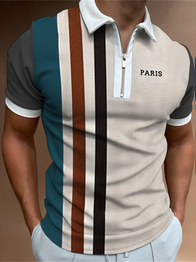  Men's Collar Polo Shirt Zip Polo Golf Shirt Zip Fashion Casual Breathable Short Sleeve Blue Khaki Color Block Turndown Zip Outdoor Street Zipper Clothing Clothes Fashion Casual Breathable