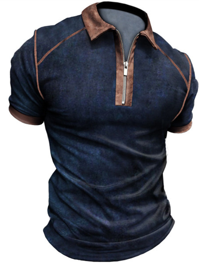 Men's Collar Polo Shirt Shirt Fashion Casual Breathable Summer Short Sleeve Blue Solid Colored Turndown Outdoor Street Zipper Clothing Clothes Fashion Casual Breathable