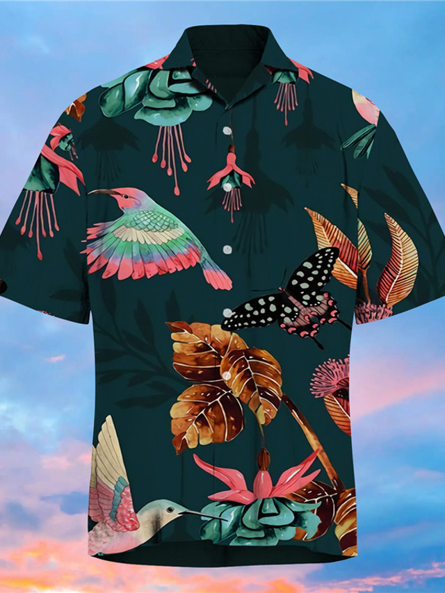  Hombre Camisa Camisa de verano Animal Floral Pájaro Cuello Vuelto Verde Trébol Print Exterior Calle Manga Corta Abotonar Estampado Ropa Moda Hawaiano Design Casual