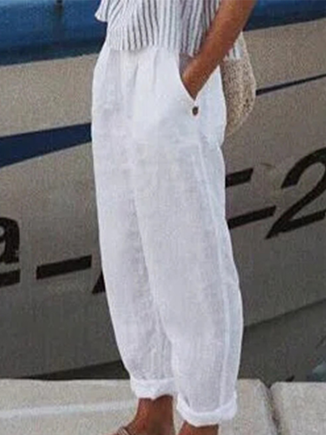  Vêtements de détente Bas Intérieur Plein Air Femme Coton et lin simple Confort Pantalon long Taille elastique Printemps Eté Couleur monochrome