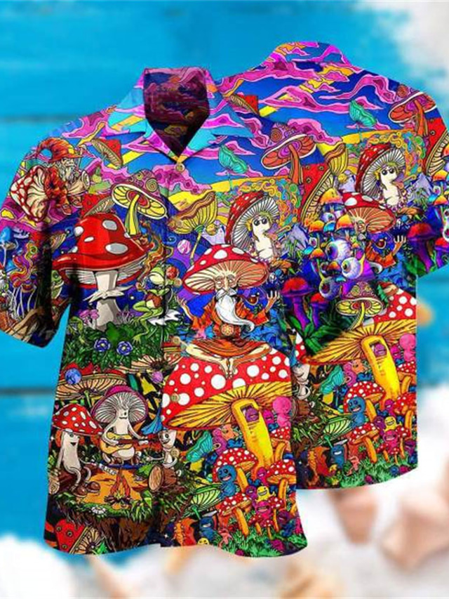  Men's Shirt Summer Hawaiian Shirt Mushroom Turndown Black Yellow Black / Purple Red Purple Outdoor Street 3D Button-Down Clothing Apparel Fashion Designer Casual Breathable