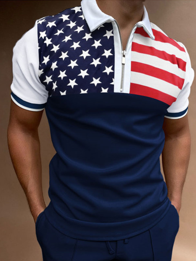 Men's Collar Polo Shirt Golf Shirt Fashion Casual Comfortable Short Sleeve Blue&Red Yellow+Red Black+Grey White+Gray Navy Blue National Flag Turndown Street Casual Zipper Clothing Clothes Fashion