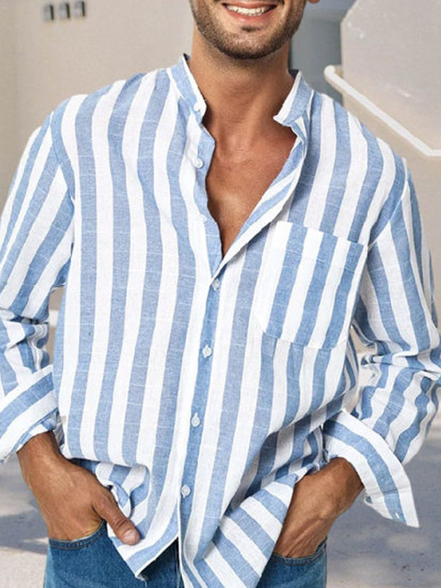  Homme Chemise Rayé Mao Vert Claire Kaki Bleu / Blanc Extérieur Plein Air manche longue Bouton bas Vêtement Tenue 100% Coton Mode Décontractées Respirable Confortable