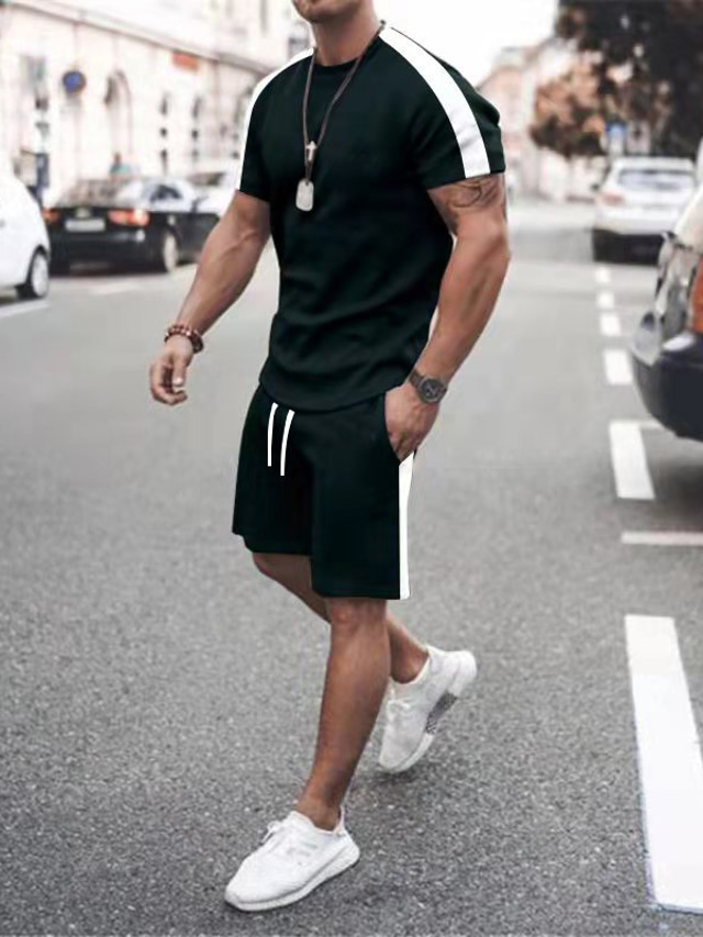  Men's Tracksuit Stripe Pocket Minimalist Crew Neck Color Block Sport Athleisure Clothing Suit Short Sleeve Lightweight Soft Sweat Out Leisure Sports Running Everyday Use Street Casual Athleisure