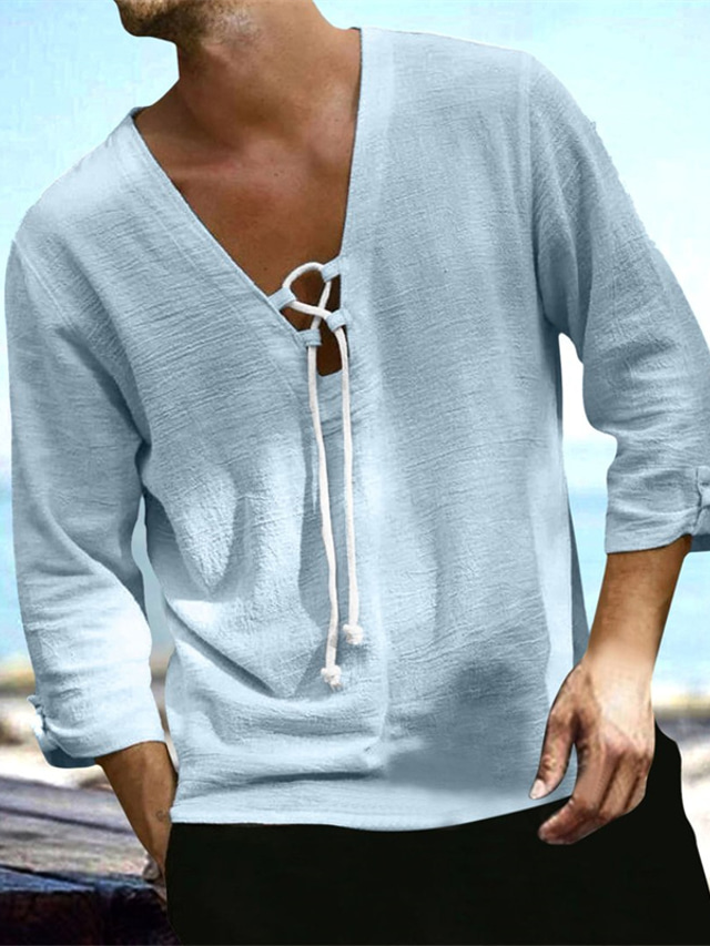  Men's Shirt Solid Color V Neck Street Casual Button-Down Long Sleeve Tops Cotton Casual Fashion Breathable Comfortable Blue Gray Pink