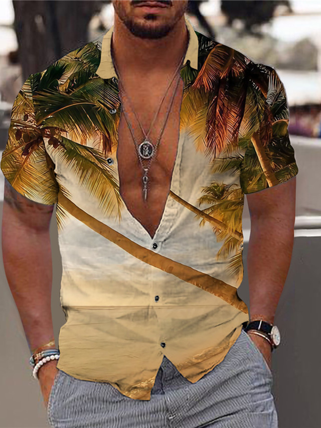  Hombre Camisa Estampado Árbol de coco Cuello Vuelto Calle Casual Abotonar Estampado Manga Corta Tops Casual Moda De Diseño Hawaiano Marrón