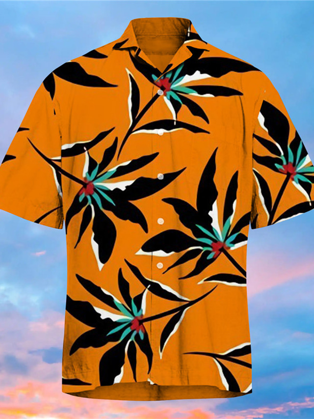  Men's Shirt Print Leaves Turndown Street Casual Button-Down Print Short Sleeve Tops Casual Fashion Designer Hawaiian Yellow