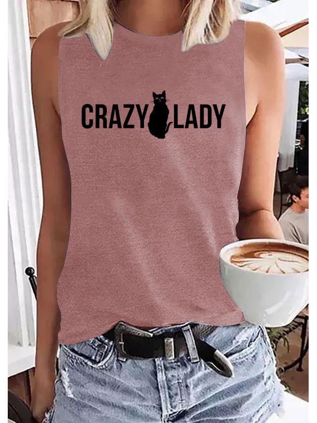  Women's Vest Top Tank Top Designer Summer Sleeveless Cat Graphic Letter Animal Hot Stamping Round Neck Daily Holiday Print Clothing Clothes Designer Basic Blue Purple Pink