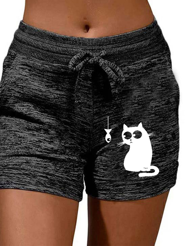  Women's Shorts Drawstring Print Casual / Sporty Athleisure Casual Weekend Micro-elastic Cotton Blend Comfort Fish Mid Waist Hot Stamping Black Grey S M L