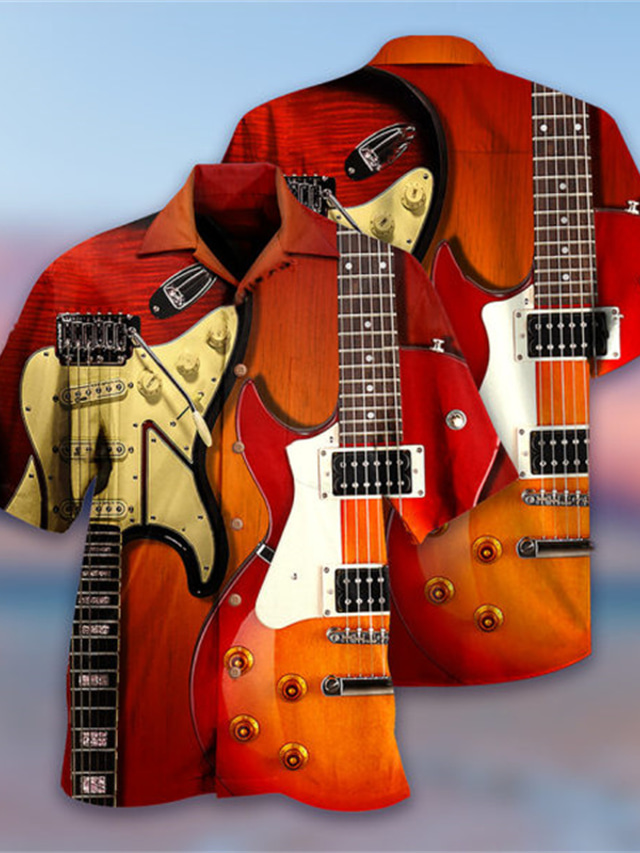  Herre Hawaii skjorte Skjorte Musikinstrumenter Aftæpning Gade Afslappet 3D Knap ned Toppe Designer Afslappet Mode Åndbart Rød / Sommer