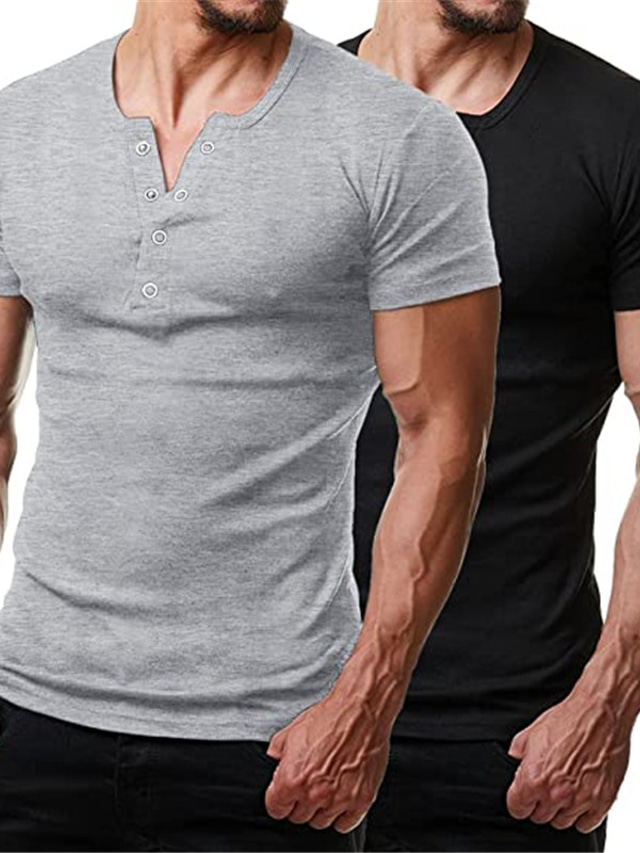  Men's Muscle Henley Shirts 2 Pack Short Sleeve Workout Gym T-Shirt