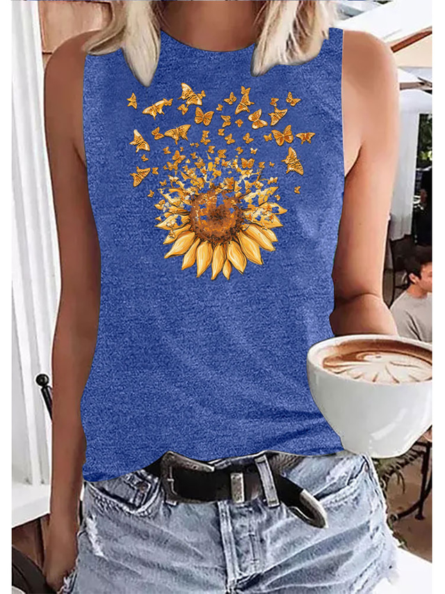  Women's Vest Top Tank Top Designer Summer Sleeveless Floral Graphic Butterfly Sunflower Hot Stamping Round Neck Daily Holiday Print Clothing Clothes Designer Basic Blue Purple Pink