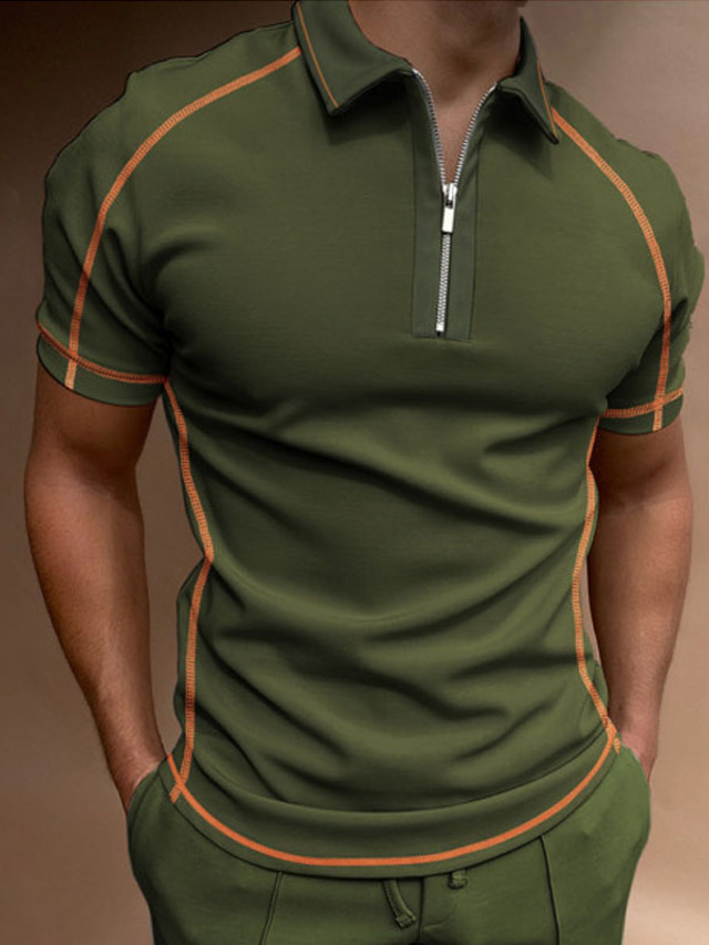  Men's Collar Polo Shirt Golf Shirt Fashion Casual Comfortable Short Sleeve Dark Green Linear Turndown Street Casual Zipper Clothing Clothes Fashion Casual Comfortable
