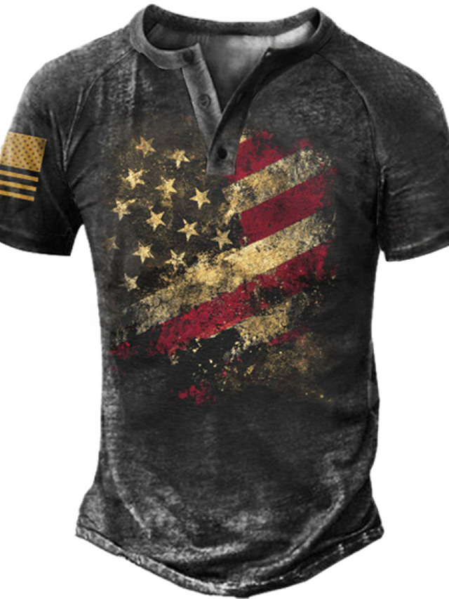  Men's Henley Shirt Tee T shirt Tee Designer Summer Short Sleeve Graphic National Flag Print Plus Size Henley Daily Sports Patchwork Button-Down Clothing Clothes Designer Basic Casual Black / Gray