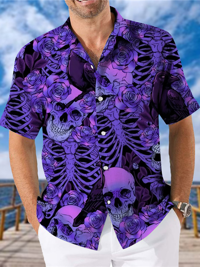  Men's Shirt Print Floral Skull Turndown Street Casual Button-Down Print Short Sleeve Tops Designer Casual Fashion Cool Purple / Summer / Spring / Summer