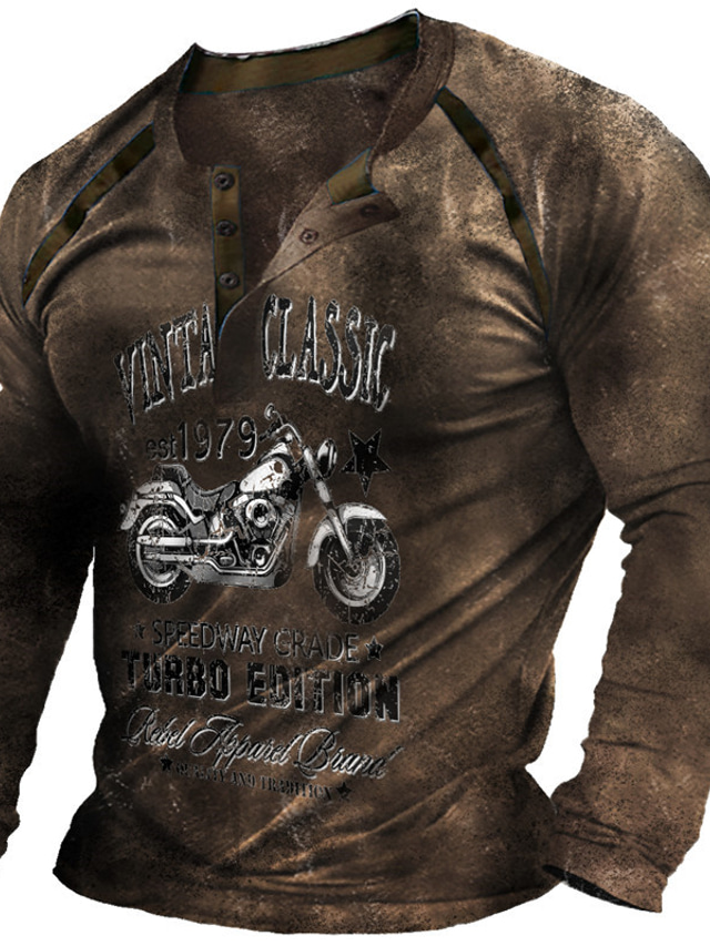  Hombre Henley Shirt Camiseta Design Verano Manga Larga Graphic Moto Print Henley Calle Casual Abotonar Estampado ropa Design Básico Moda Negro Gris Oscuro Café