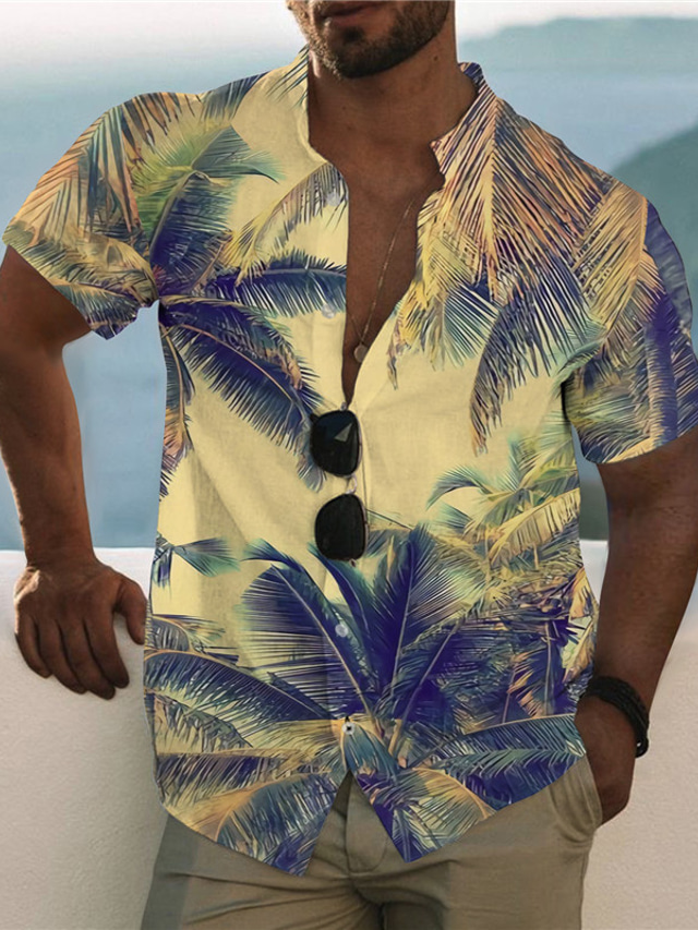  Herre Skjorte Trykt mønster Grafisk Kokos palme Høj krave Afslappet Daglig Knap ned Trykt mønster Kortærmet Toppe Designer Afslappet Mode Hawaiiansk Gul