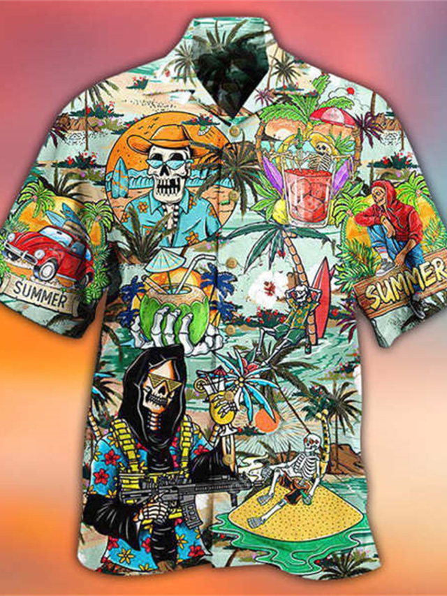  Men's Shirt Print Graphic Skull Turndown Street Daily 3D Button-Down Short Sleeve Tops Designer Casual Fashion Comfortable Rainbow
