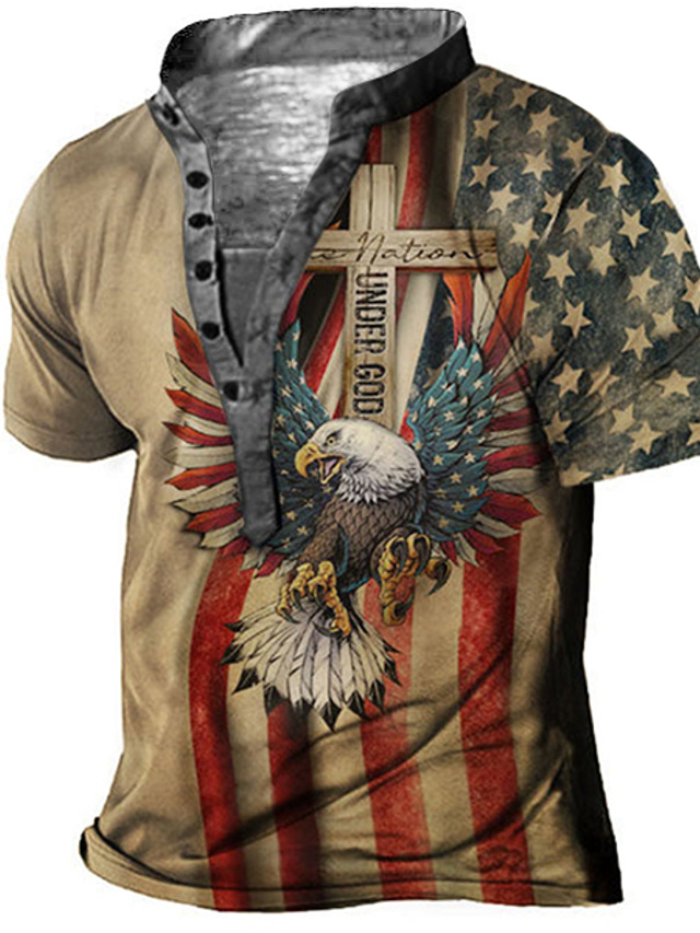  Men's Henley Shirt Tee T shirt Tee Designer Summer Short Sleeve Graphic Eagle Print Plus Size Stand Collar Daily Sports Button-Down Print Clothing Clothes Designer Basic Casual Green Blue Brown