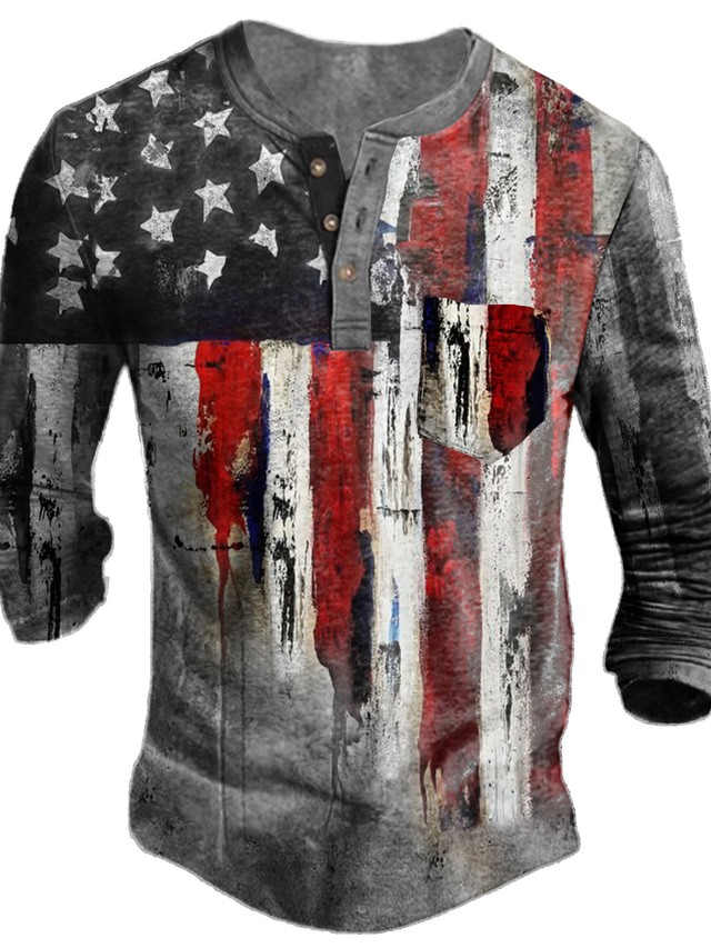  Men's Henley Shirt Tee T shirt Tee Designer Long Sleeve Graphic National Flag Print Plus Size Henley Daily Sports Button-Down Print Clothing Clothes Designer Basic Casual Gray