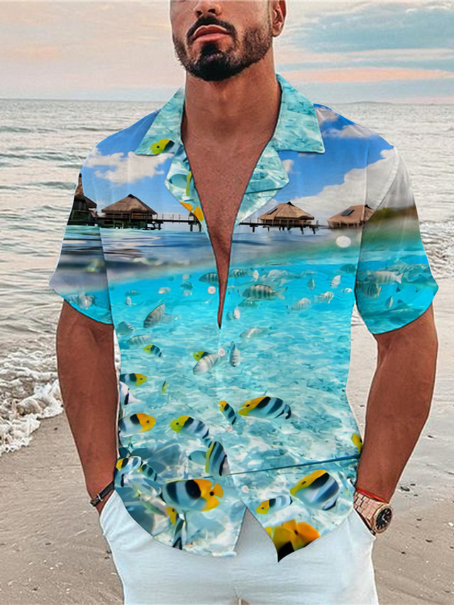  رجالي قميص قميص صيفي قميص هاواي الرسم منظر طوي أسود أصفر أزرق البحرية أزرق البحرية أزرق طباعة الأماكن المفتوحة شارع كم قصير طباعة زر أسفل ملابس موضة ستايل هاواي مصمم كاجوال