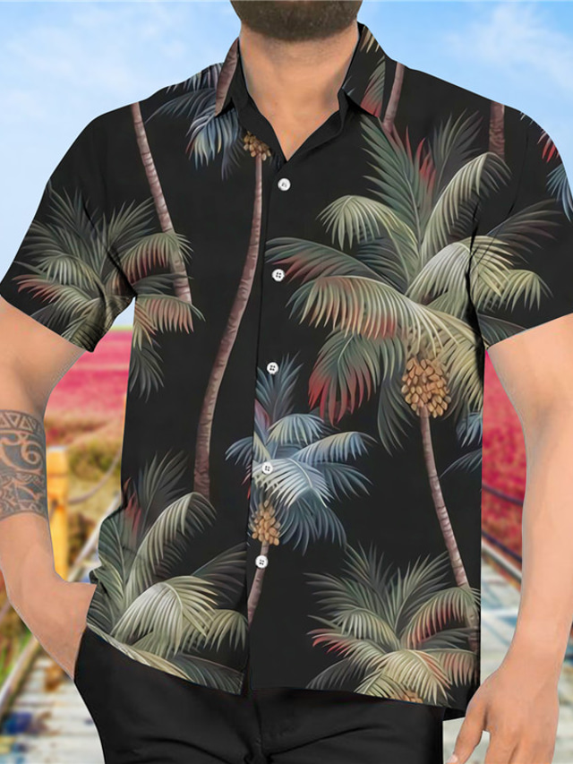  رجالي قميص طباعة شجرة جوز الهند طوي شارع فضفاض زر أسفل طباعة كم قصير قمم مصمم كاجوال موضة ستايل هاواي أسود / الصيف
