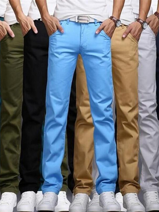  Men's Color Pants Casual Chino Pants Straight Trousers Slim Solid Color