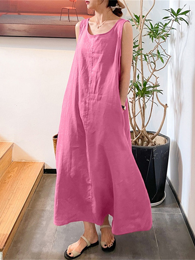  Women's Yellow Pink Red Summer Spring Maxi Dress Casual Dress Cotton Summer Dress Basic Casual Vacation Daily Holiday Loose Fit Pure Color Crew Neck