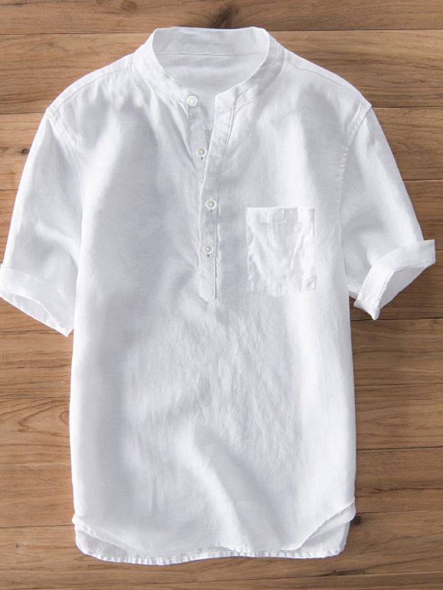  Men's Linen Shirt Shirt Summer Shirt Solid Color Plain Stand Collar Black White Light Green Gray Print Outdoor Casual Short Sleeve Button-Down Clothing Apparel Lightweight Breathable