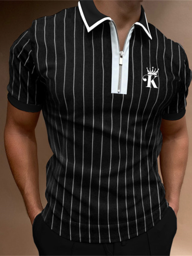  Men's Collar Polo Shirt Golf Shirt Fashion Casual Comfortable Short Sleeve Black / Gray Striped Turndown Street Casual Zipper Clothing Clothes Fashion Casual Comfortable