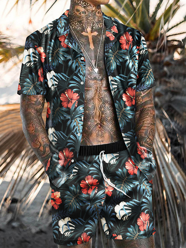  Bărbați Set cămașă Cămașă de vară Cămașă hawaiană Grafic Floral Hawaiian Aloha Design Răsfrânt Negru Roz Îmbujorat Albastru piscină Mov Trifoi Imprimeu În aer liber Casual Manșon scurt Imprimare 3D 2