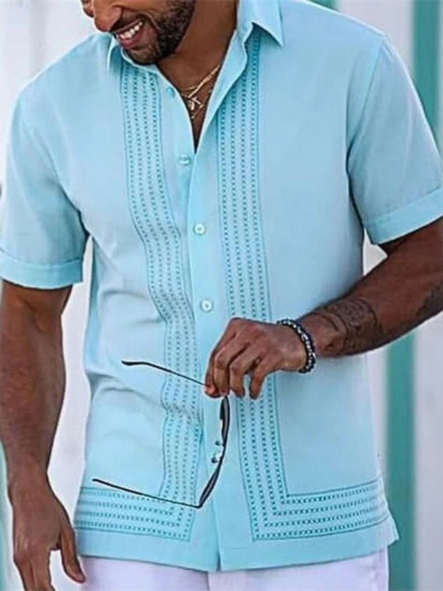  Men's Shirt Summer Shirt Vintage Turndown Light Blue Street Daily Short Sleeve Button-Down Clothing Apparel Fashion Casual Breathable Comfortable