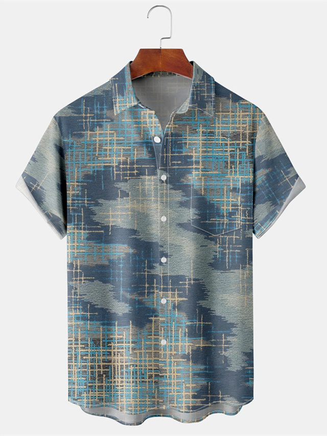  Men's Shirt Print Linear Turndown Street Daily Button-Down Print Short Sleeve Tops Casual Fashion Breathable Comfortable Dusty Blue