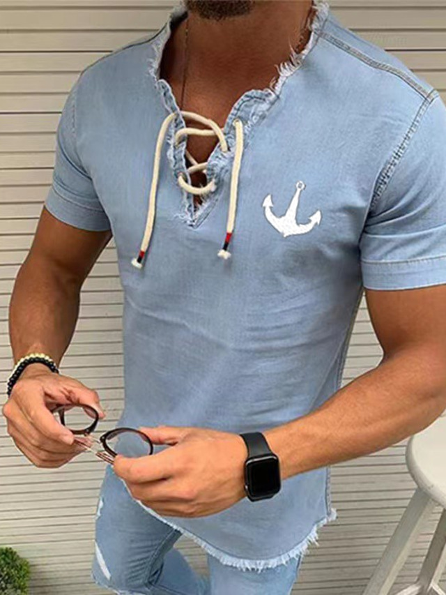  Men's  Shirt  Print Solid Colored Anchor V Neck Casual Daily Drawstring Tassel Short Sleeve Tops Casual Cool Slim Fit A B C
