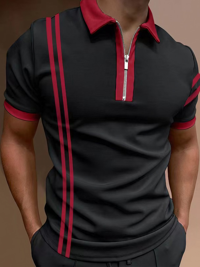  رجالي قميص بولو قميص الجولف مخطط طوي مناسب للخارج قمصان الجولف كم قصير قمم مصمم بانغك & قوطي الرياضات خمر أسود / أحمر أسود / أبيض
