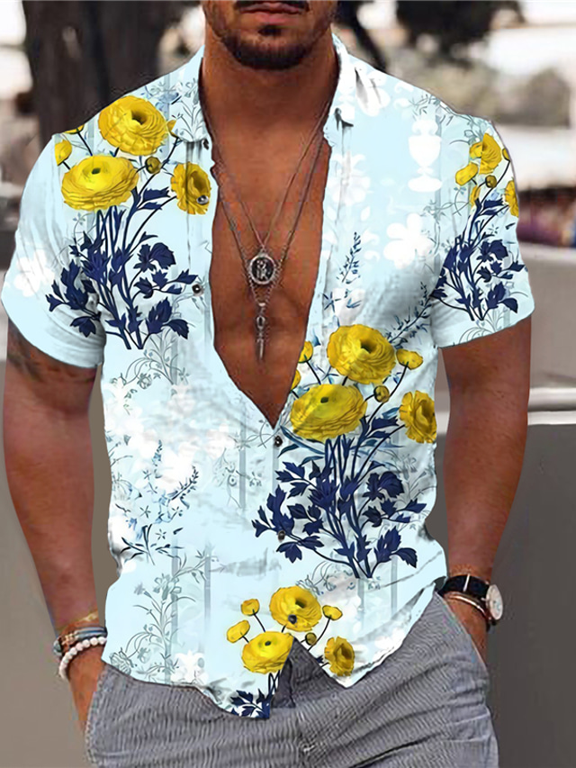  Homens Camisa Social Estampado Floral Aberto para a Lateral Rua Casual Botão para baixo Imprimir Manga Curta Blusas Designer Casual Moda Respirável Azul / Verão