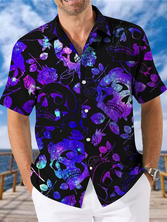  Voor heren Overhemd Zomer overhemd Bloemig Doodskoppen Strijkijzer Paars Print Buiten Straat Korte mouw Button-omlaag Afdrukken Kleding Modieus Hawaii Ontwerper Casual