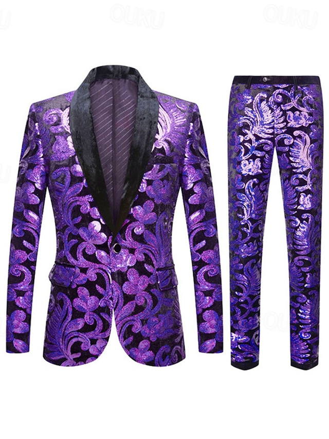  Purple Men's Party Prom Disco Sparkly Sequin Tuxedos 2 Piece Floral Shawl Collar Tailored Fit Single Breasted One-button 2024