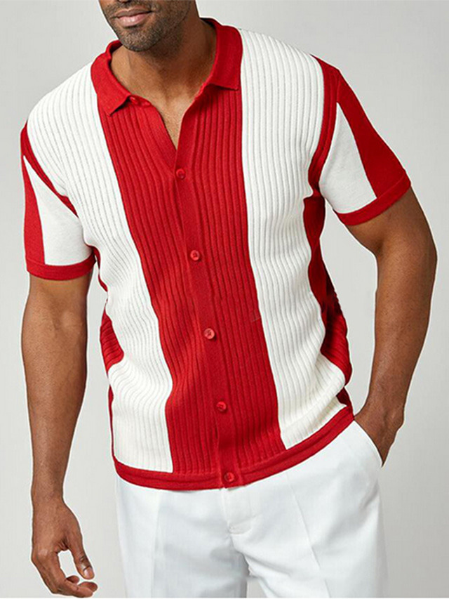  رجالي قميص ألوان متناوبة طوي شارع فضفاض زر أسفل كم قصير قمم كاجوال موضة مريح أبيض + أحمر / شاطئ