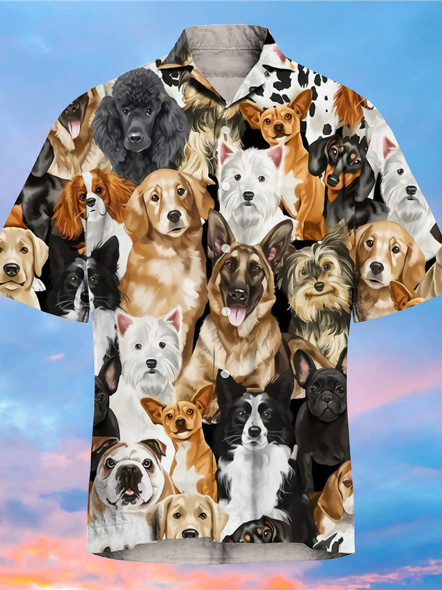  Voor heren Overhemd Print  Hond dier Strijkijzer Straat Casual Button-omlaag Afdrukken Korte mouw Tops Ontwerper Casual Modieus Zwart / Zomer