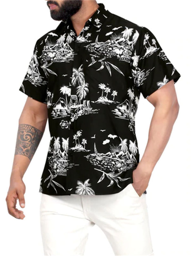  Herr Skjorta Sommarskjorta Bläckmålning Nedvikt Svartvit Gata Ledigt Kortärmad Button-Down Kläder Mode Ledigt Bekväm Strandstil