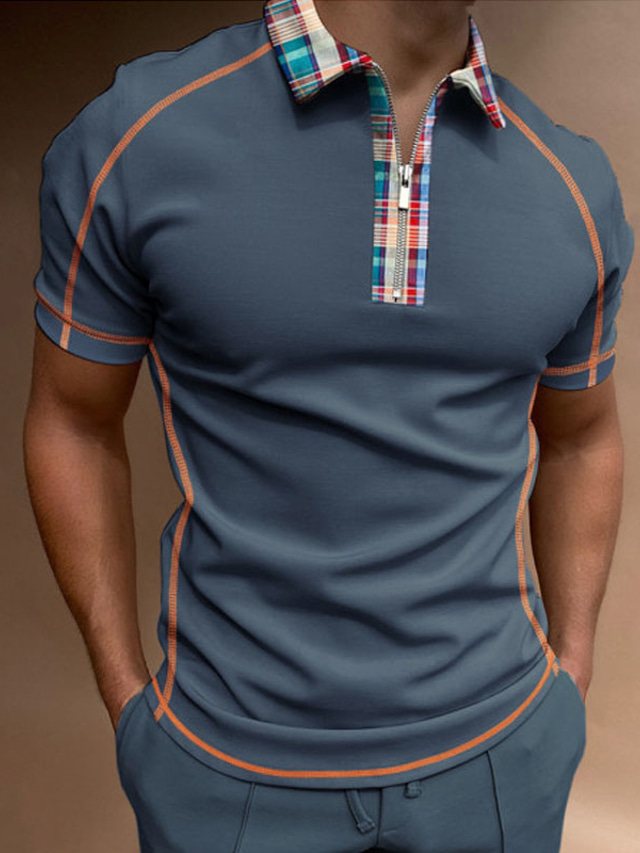  Hombre POLO Camiseta de golf Bloque de color Cuello Vuelto Calle Casual Cremallera Manga Corta Tops Casual Moda Cómodo Azul polvoriento