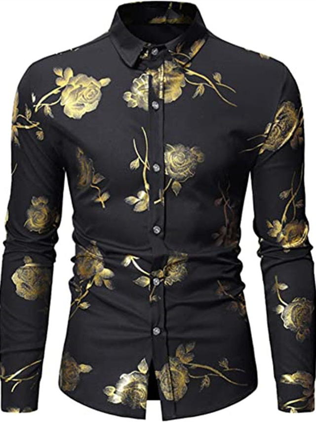  Camisa masculina floral turndown party tops diários de manga longa com botão para baixo moda casual confortável branco preto azul marinho