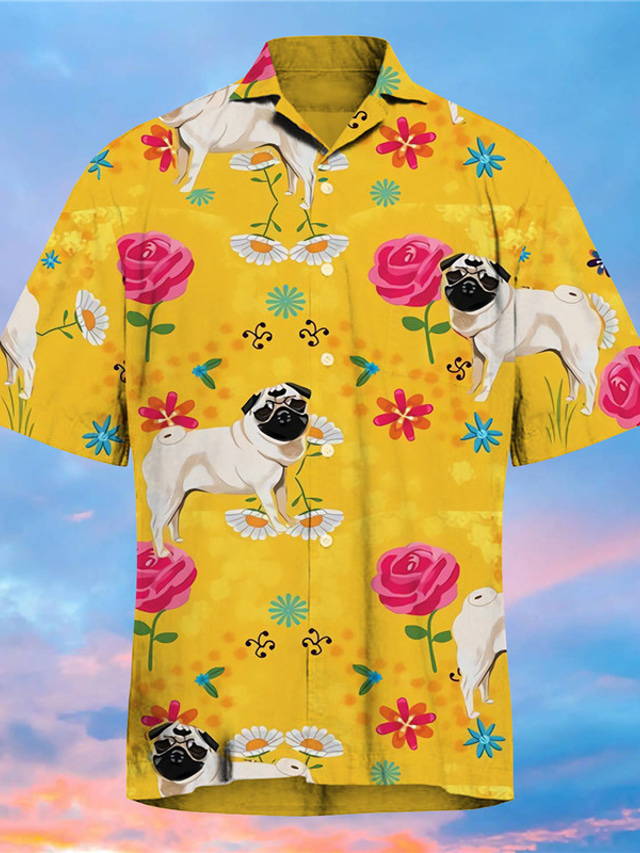  Hombre Camisa Estampado Floral Perro Animal Cuello Vuelto Calle Casual Abotonar Estampado Manga Corta Tops Design Casual Moda Amarillo / Verano